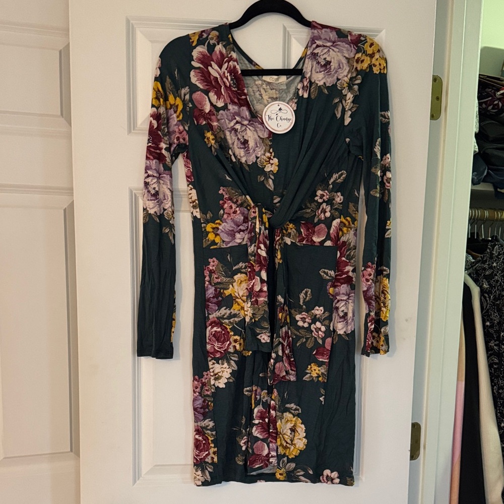 Floral Tie Front Long Sleeve Dress
